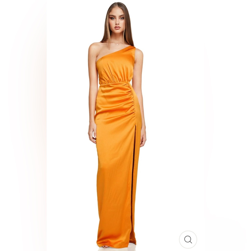 NOOKIE UTOPIA GOWN - MANGO One Shoulder Satin Maxi Length Dress High Slit NWT